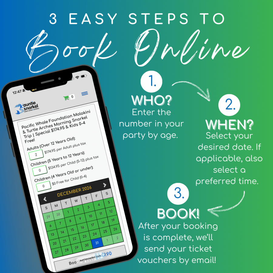 3 Easy Steps to Book Online - Pacific Whale Foundation Molokini and Turtle Arches Snorkel Tour - Book Maui Activities at Auntie Snorkel
