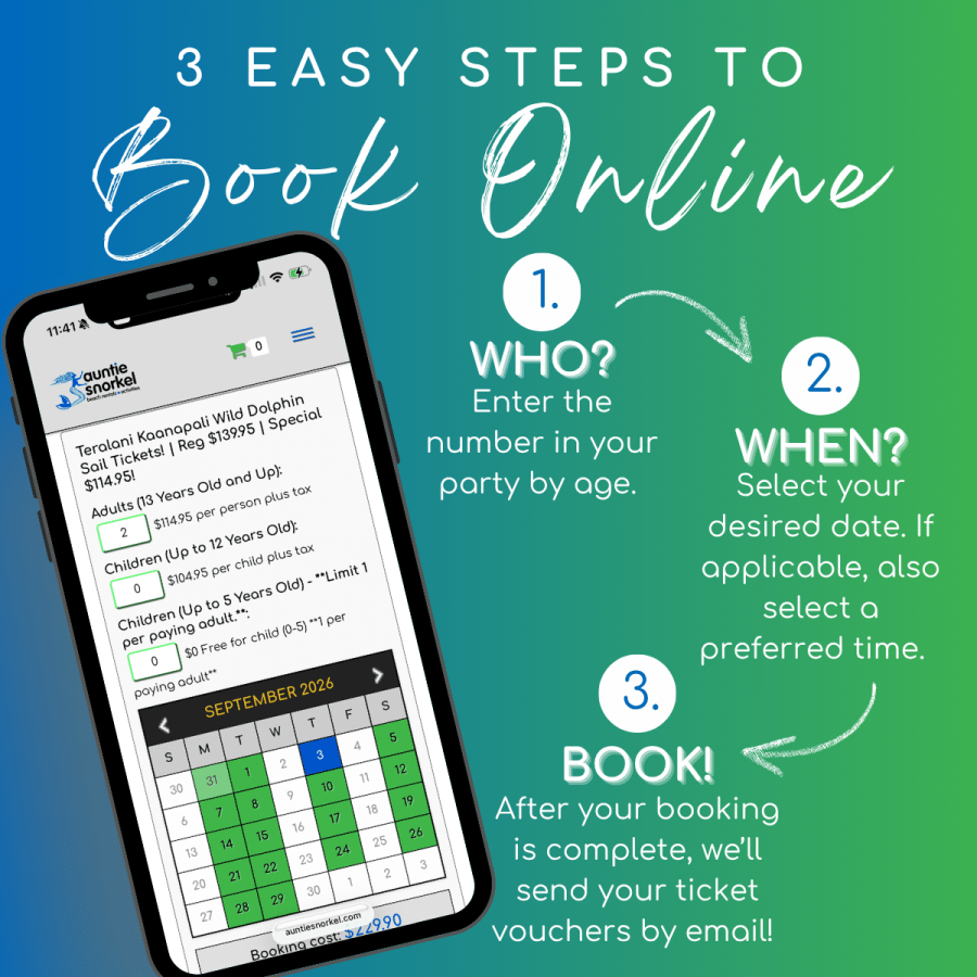 3 Easy Steps to Book Online - Teralani Kaanapali Wild Dolphin Sail - Book Maui Activities at Auntie Snorkel